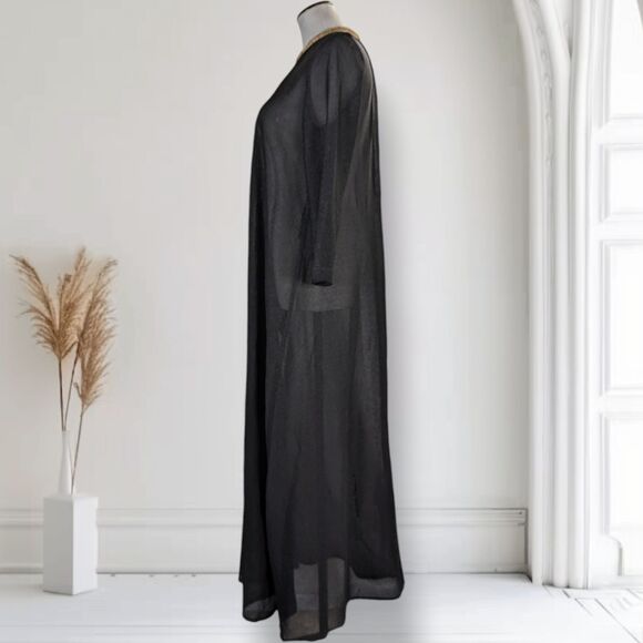 Vintage 70s Black Sheer Sparkle Caftan Size L Gold Braid Trim Zip Maxi Roper - Picture 2 of 16